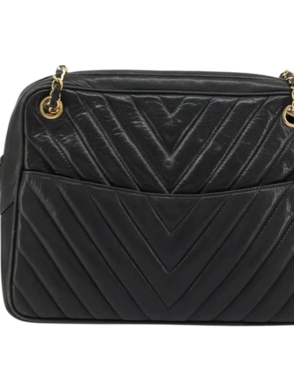 CHANEL V Stitch Chain Shoulder Bag Lamb Skin Black Gold CC Auth BA13037